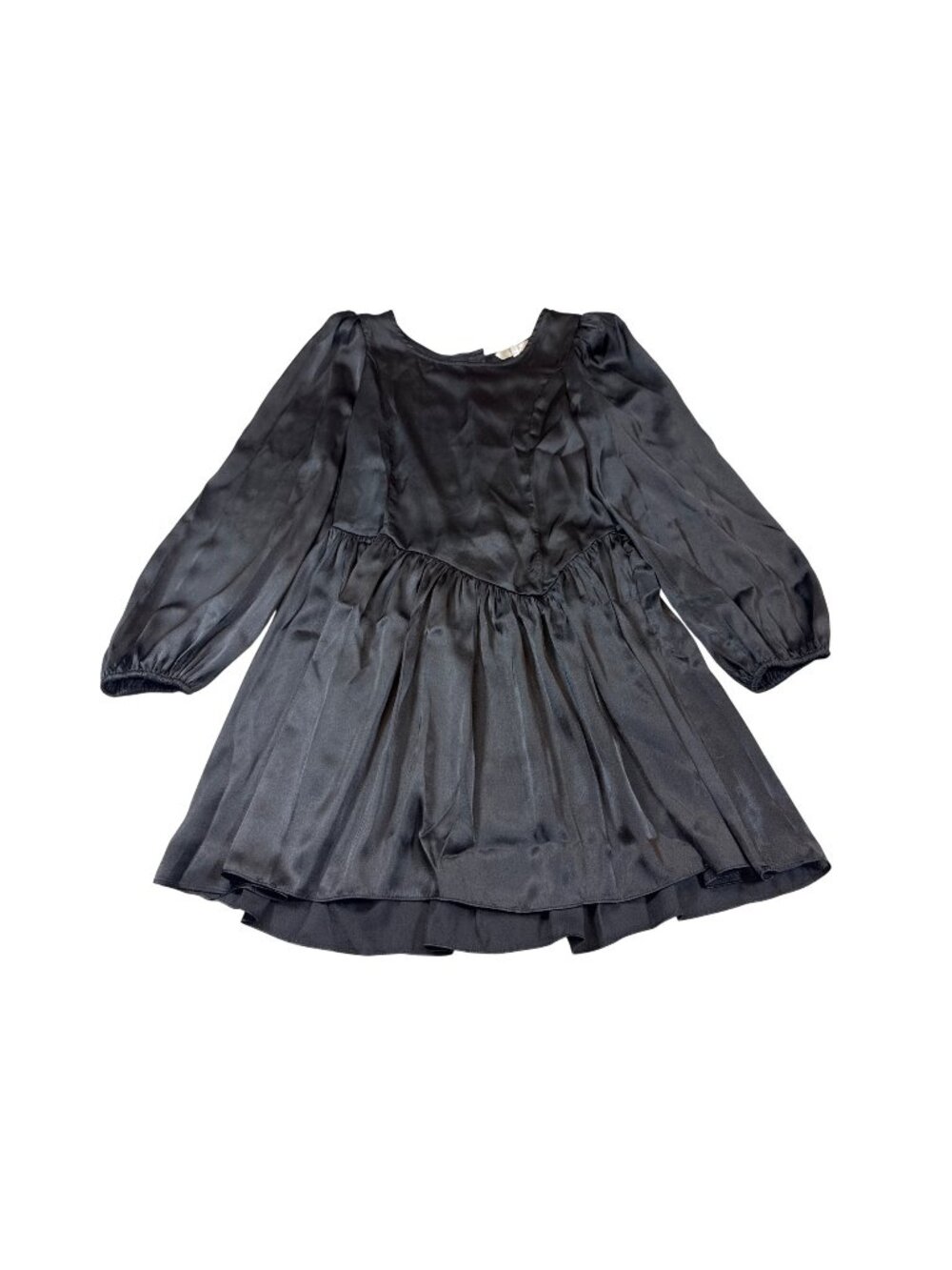 LoveShackFancy sz 4 Black Long puff Sleeve Dress off-set Waist satin feel (Y970)